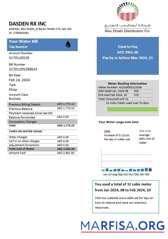 Downloadable United Arab Emirates Abu Dhabi Distribution water business utility bill template in Word and PDF formats